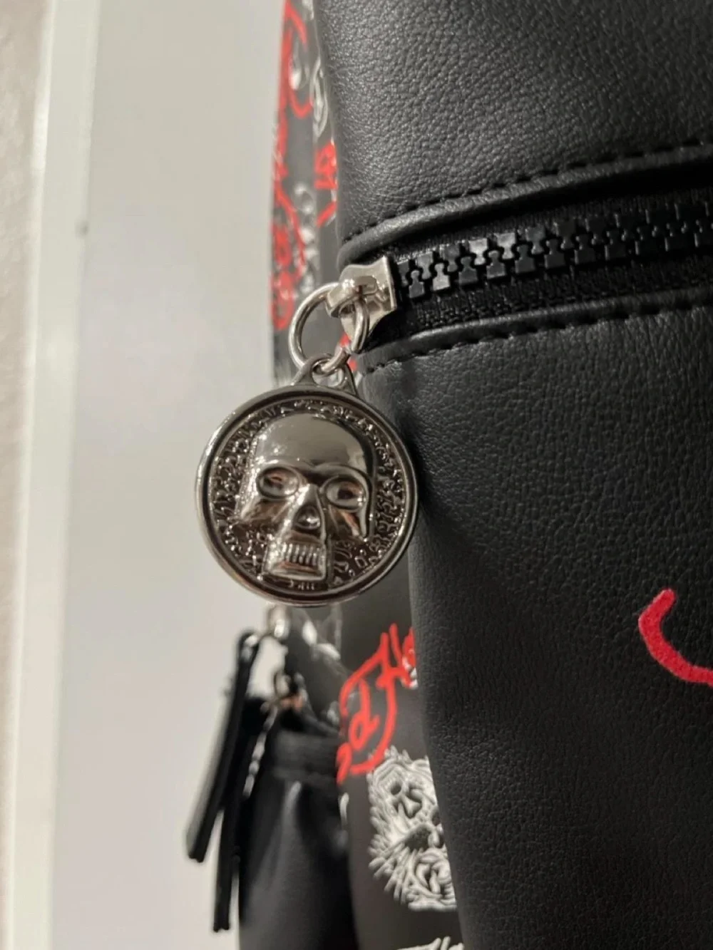 Ed Hardy Black Backpack with Red & White Graphic Skull